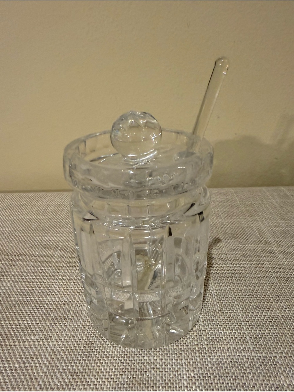 Ceska Hand Cut Crystal Jam / Honey Jar Lid & Shell Spoon Signed